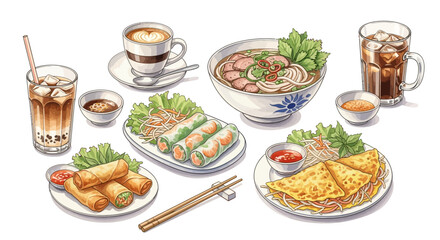Watercolor Vietnamese Cuisine: Pho Spring Rolls Banh Xeo Coffee and Egg Rolls.