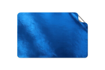 Rectangular blue metallic sticker with a transparent background, peeling up from the top right corner