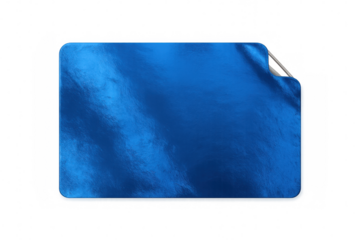 Rectangular blue metallic sticker with a transparent background, peeling up from the top right corner