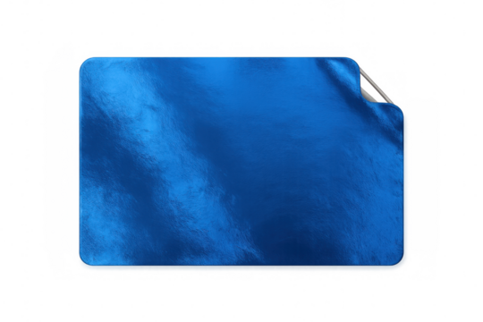 Rectangular blue metallic sticker with a transparent background, peeling up from the top right corner