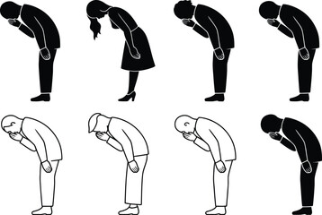 Illustrations of people bowing in black and white showing respect and cultural gesture