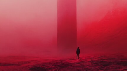Crimson mist landscape with solitary figure