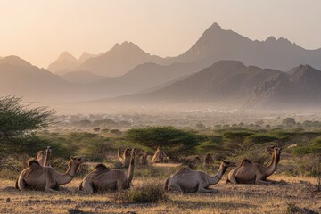 Group of camels resting in a serene desert landscape with mountains in the background at sunset