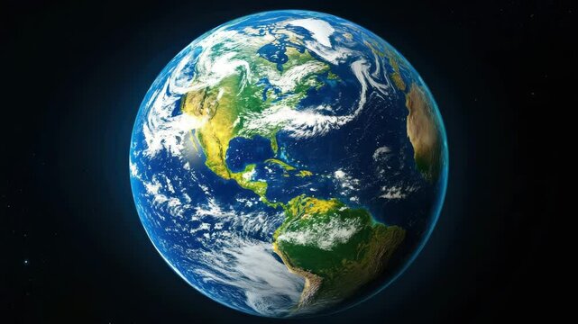 Earth planet space globe with vibrant blue ocean green land swirling clouds atmosphere natural colors detailed texture view from space showing continents and atmospheric beauty