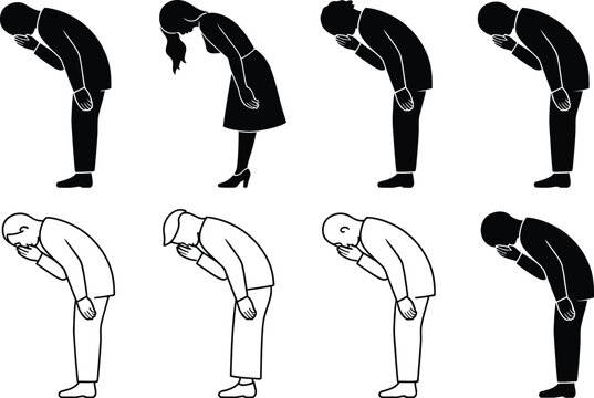 Illustrations of people bowing in black and white showing respect and cultural gesture