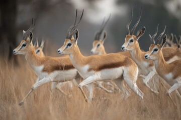 Group of graceful antelopes running through golden grassland at dusk with trees in the background