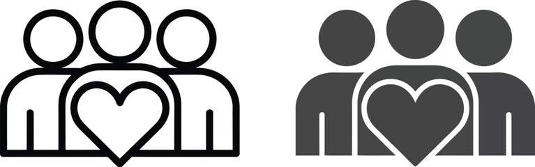 Two variations of a group of people icon with a heart in the middle on a white background