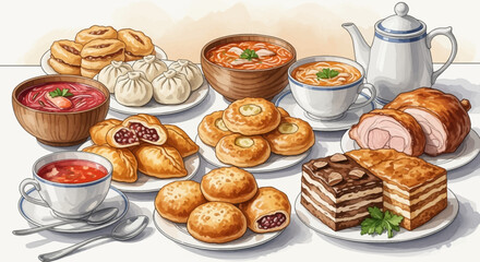 Watercolor Illustration of Diverse Eastern European Cuisine.
