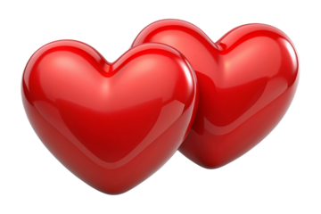 Two shiny red hearts close together isolated on transparent background