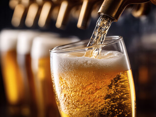 ビールサーバーから泡立つ生ビールが注がれる瞬間