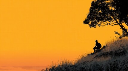 Serene Sunset View with Silhouette of a Person on a Hillside
