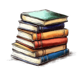 A stack of colorful vintage books isolated on a transparent background