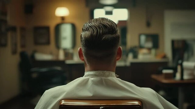 Man with slicked back hairstyle sitting in barber chair in vintage barbershop with warm lighting and blurred background showing rear view haircut and hair styling session