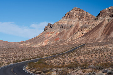Desert landscape and road shown north of Las Vegas, in Nevada, February 2025.