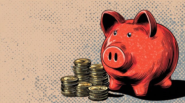 Red piggy bank with coins savings illustration