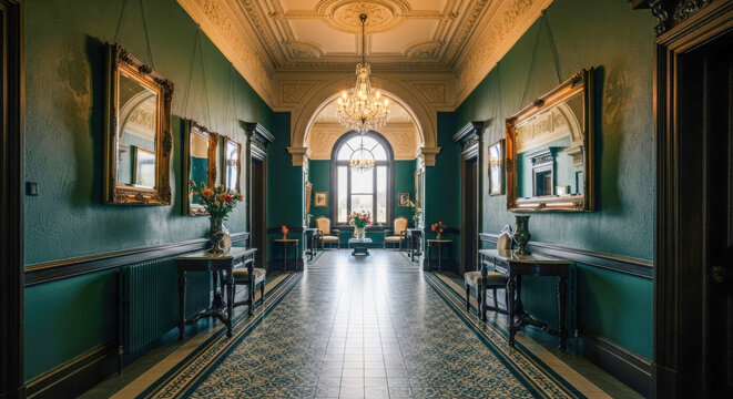 A grand, long hallway with dark green walls, ornate mirrors, a chandelier, and a patterned tiled floor leading to a large arched window. - Powered by Adobe