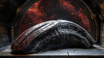 Dark textured futuristic object in interior space