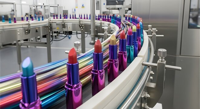 High-volume cosmetic production on an automated assembly line,
Rows of metallic lipstick tubes in vibrant blue and orange hues.
Showcasing modern manufacturing efficiency for lipstick day
