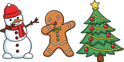 Cartoon snowman, gingerbread man, and Christmas tree illustration, holiday celebration, winter festive scene, cute decoration, vector seasonal design