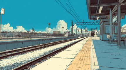 Fototapeta premium Vibrant Train Station Platform with Clear Blue Sky and Trains