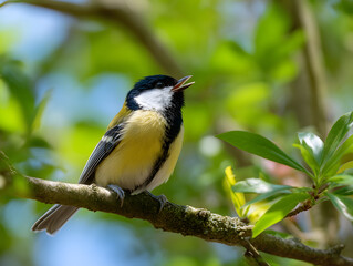 Fototapeta premium 木の枝にとまりさえずるシジュウカラの美しい自然風景