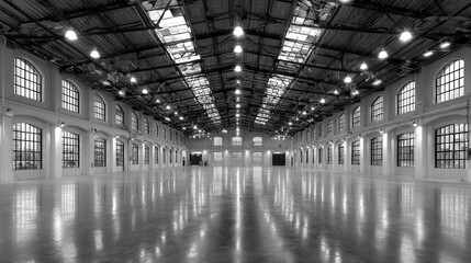 Spacious Industrial Hall with High Ceiling and Large Windows