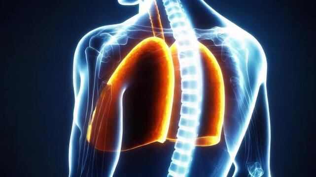 Lung anatomy glowing orange inside transparent upper body showing detailed respiratory system with spine and rib cage medical illustration highlighting trachea bronchial tubes and chest skeletal
