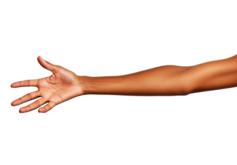An outstretched human arm and hand reaching forward on a transparent background