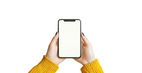 Womans hands holding a smartphone with a blank white screen isolated on transparent background