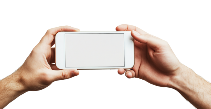 Two hands holding a smartphone horizontally with a blank white screen isolated on transparent background