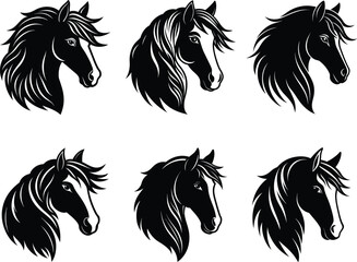 Cob horse vector series - 6 luxuriously maned portrait outlines, EPS JPEG PNG