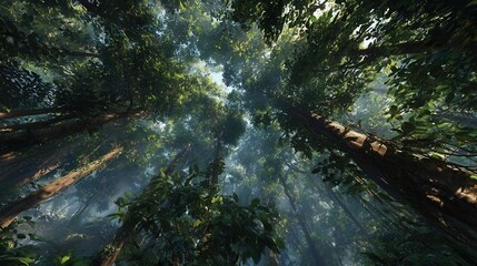 Lush Forest Canopy with Sunlight Filtering Through Leaves and Trees