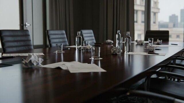Conference room with scattered papers and water bottles
