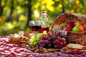 Picnic Scene with Fresh Fruits and Wine in a Woven Basket Under a Sunny Green Canopy