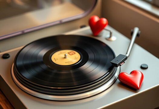 Retro turntable, vinyl record, red heart decoration, texture, disc