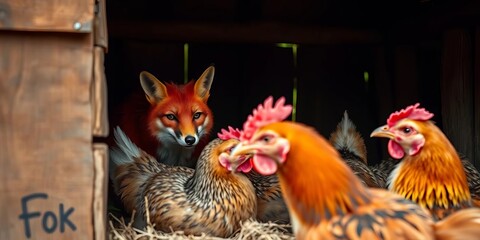 Rustic chicken coop, sly red fox peering at chickens,  rustic,  nature