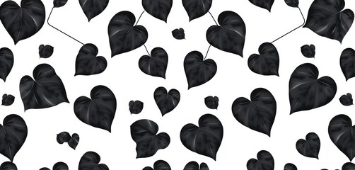 Seamless vector pattern of black heart-shaped leaves on white background,  print,  heartshape