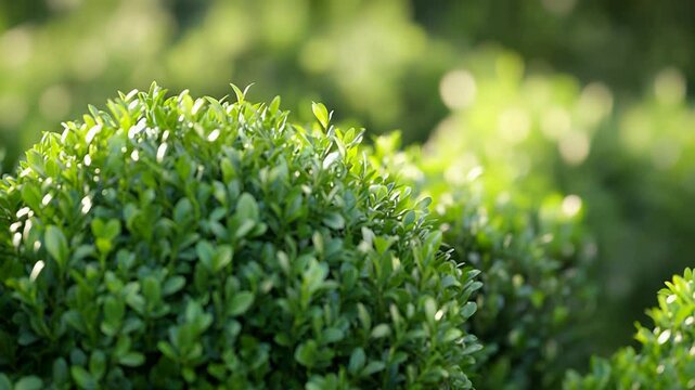 Round boxwood shrubs growing in the garden sunlight