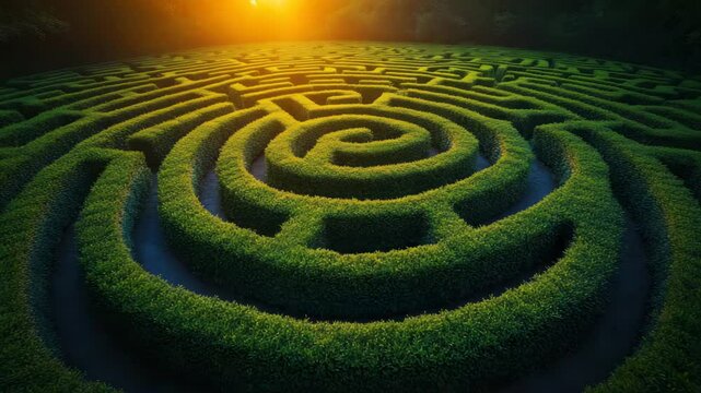 Green hedge maze labyrinth garden with circular outdoor maze at sunset light, nature landscape featuring trimmed bushes, aerial view creating peaceful mysterious atmosphere and maze pattern design