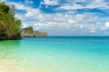 Ko Poda beach lonely and nature blue sea ocean to clean water and clear sky with white cloud to marine and natural island mountain for daylight seascape to summer holiday travel at Krabi in Thailand
