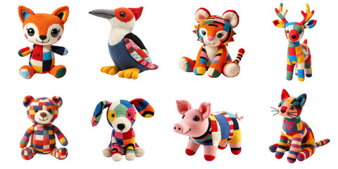 Fototapeta premium Set of patchwork knitted toys.Isolated on transparent background 