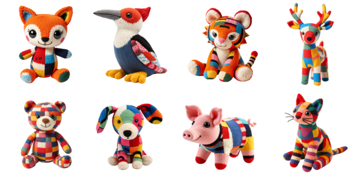 Set of patchwork knitted toys.Isolated on transparent background
