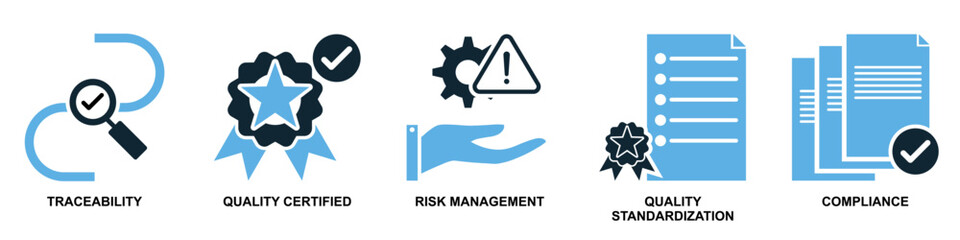 Set of quality control icon vector, representing standards, inspection, and excellence. Ideal for business, manufacturing, or service industries needing visuals for assurance and improvement.