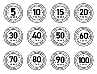 5周年から100周年までのシンプルなアニバーサリーロゴ12種セット（モノクロ 円形 YEARS ベクター）

