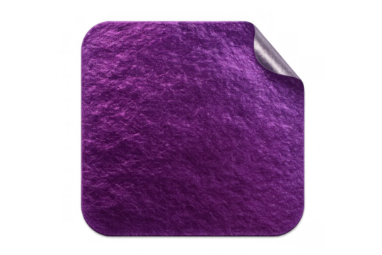 Purple metallic sticker curling at corner, offering clean design space on transparent backdrop