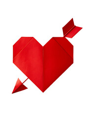 A vibrant red origami heart pierced by an arrow rests against a dark backdrop creating a bold and romantic symbol, transparent background