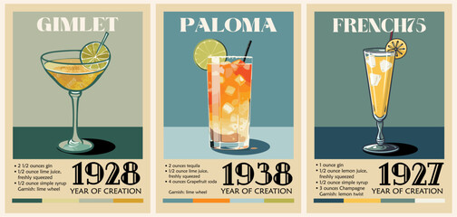Set of Cocktail retro posters with recipe. Classic Paloma, Gimlet, French75 cocktails digital print. Popular alcohol drinks. Vintage vector illustration, bar, pub, restaurant, kitchen decor