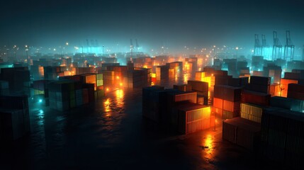 Illuminated Shipping Containers in a Foggy Port at Night