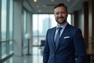 Professional man in tailored blue suit standing in modern office hallway

