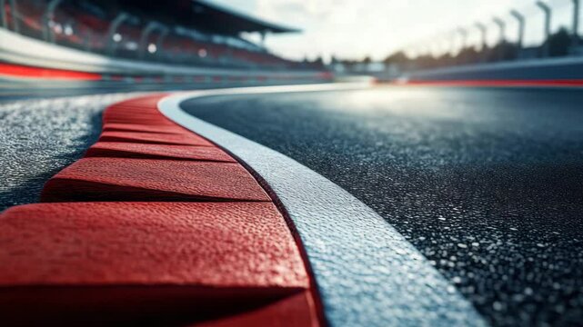 Race track curb close up with textured red paint and white line on asphalt surface at outdoor sport venue grandstand, capturing dynamic atmosphere of racing circuit under bright sunlight